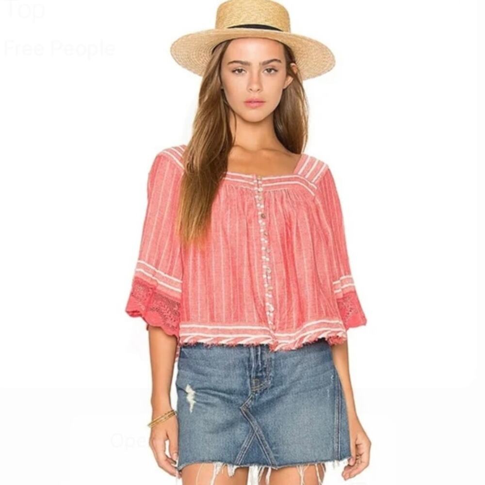 Free People See Saw Red Striped  Raw Hem Top Sz Small